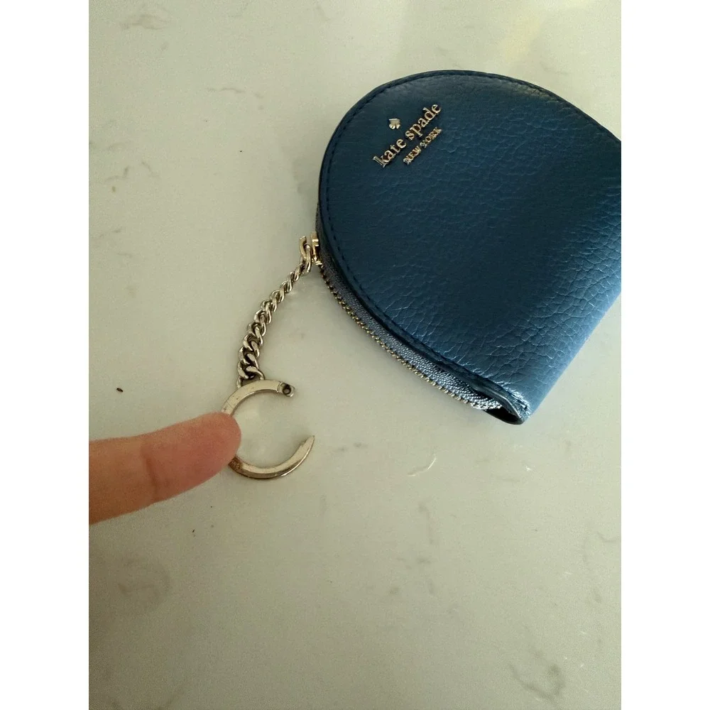Kate Spade New York Blue Leather Coin Purse Keychain Wallet Half Moon Zip Pouch